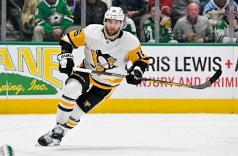 Mar 23, 2023; Dallas, Texas, USA; Pittsburgh Penguins left wing Jason Zucker (16) in action during the game between the Dallas Stars and the Pittsburgh Penguins at American Airlines Center. Mandatory Credit: Jerome Miron-USA TODAY Sports