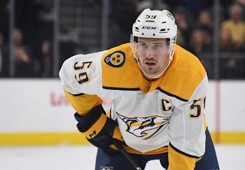 LAS VEGAS, NEVADA – JANUARY 23: Roman Josi #59 of the Nashville Predators waits for a faceoff in the first period of a game against the Vegas Golden Knights at T-Mobile Arena on January 23, 2019 in Las Vegas, Nevada. The Predators defeated the Golden Knights 2-1. (Photo by Ethan Miller/Getty Images)