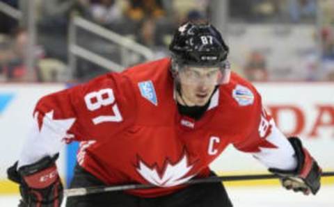 Sep 14, 2016; Pittsburgh, PA, USA; Team Canada center Sidney Crosby (87) awaits a face-off against Team Russia during the third period in a World Cup of Hockey pre-tournament game at CONSOL Energy Center. Team Canada won 3-2 in overtime. Mandatory Credit: Charles LeClaire-USA TODAY Sports