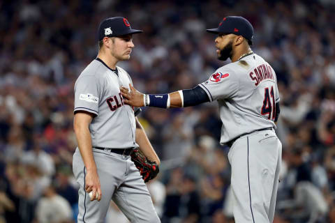 NEW YORK, NY – OCTOBER 09: Carlos Santana #41 of the Cleveland Indians calms down Trevor Bauer #47 on the mound against the New York Yankees during the second inning in Game Four of the American League Divisional Series at Yankee Stadium on October 9, 2017 in the Bronx borough of New York City. (Photo by Al Bello/Getty Images)