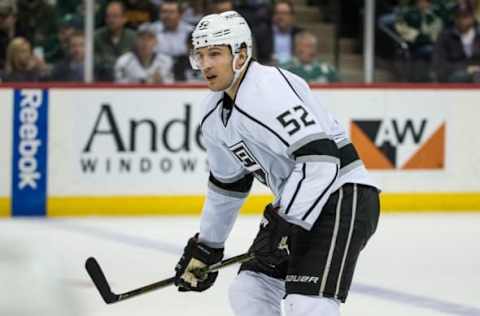 Mar 22, 2016; Saint Paul, MN, USA; Los Angeles Kings defenseman Luke Schenn (52) between the Los Angeles Kings and Minnesota Wild at Xcel Energy Center. The Wild defeated the Kings 2-1. Mandatory Credit: Brace Hemmelgarn-USA TODAY Sports