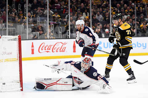 Dec 17, 2022; Boston, Massachusetts, USA; Boston Bruins left wing Taylor Hall (71) scores a goal past Columbus Blue Jackets goaltender Daniil Tarasov (40) during the third period at TD Garden. Mandatory Credit: Bob DeChiara-USA TODAY Sports