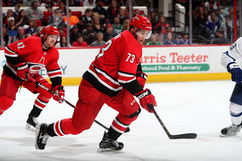 RALEIGH, NC – APRIL 7: Valentin Zykov #73 of the Carolina Hurricanes skates for position during an NHL game against the Tampa Bay Lightning on April 7, 2018 at PNC Arena in Raleigh, North Carolina. (Photo by Gregg Forwerck/NHLI via Getty Images)