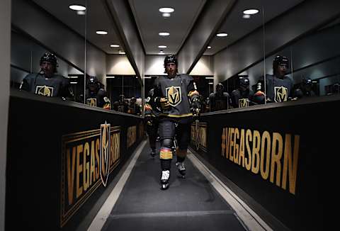 LAS VEGAS, NV – APRIL 04: The Vegas Golden Knights prepare to take the ice for warm-ups prior to a game against the Arizona Coyotes at T-Mobile Arena on April 4, 2019 in Las Vegas, Nevada. (Photo by Jeff Bottari/NHLI via Getty Images)