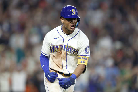 SEATTLE, WASHINGTON – SEPTEMBER 11: Julio Rodriguez #44 of the Seattle Mariners celebrates his home run during the ninth inning against the Atlanta Braves at T-Mobile Park on September 11, 2022 in Seattle, Washington. (Photo by Steph Chambers/Getty Images)