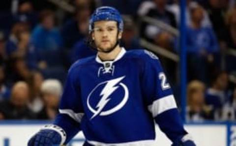 May 18, 2016; Tampa, FL, USA; Tampa Bay Lightning left wing Jonathan Drouin (27) looks on against the Pittsburgh Penguins during the third period of game three of the Eastern Conference Final of the 2016 Stanley Cup Playoffs at Amalie Arena. Pittsburgh Penguins defeated the Tampa Bay Lightning 4-2. Mandatory Credit: Kim Klement-USA TODAY Sports