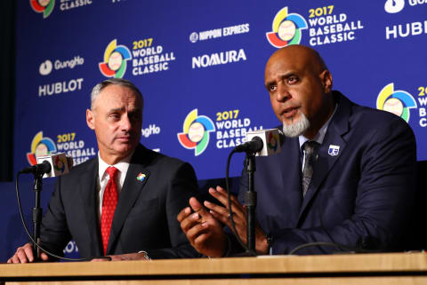 LOS ANGELES, CA – MARCH 22: Major League Baseball Commissioner Robert D. Manfred Jr. and Major League Baseball Players Association Executive Director Tony Clark speak during a press conference before Game 3 of the Championship Round of the 2017 World Baseball Classic between Team USA and Team Puerto Rico on Wednesday, March 22, 2017 at Dodger Stadium in Los Angeles, California. (Photo by Alex Trautwig/WBCI/MLB Photos via Getty Images)