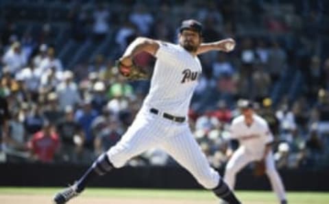 SAN DIEGO, CA – JUNE 6: Brad Hand #52 of the San Diego Padres pitches during a baseball game against the Atlanta Braves at PETCO Park on June 6, 2018 in San Diego, California. (Photo by Denis Poroy/Getty Images)