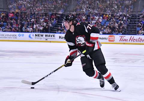 Nov 23, 2022; Buffalo, New York, USA; Buffalo Sabres right wing Tage Thompson (72) looks to make a pass in the second period against the St. Louis Blues at KeyBank Center. Mandatory Credit: Mark Konezny-USA TODAY Sports