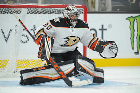 BOSTON, MA – OCTOBER 14: Ryan Miller #30 of the Anaheim Ducks warm ups before the game against the Boston Bruins at the TD Garden on October 14, 2019 in Boston, Massachusetts. (Photo by Steve Babineau/NHLI via Getty Images)