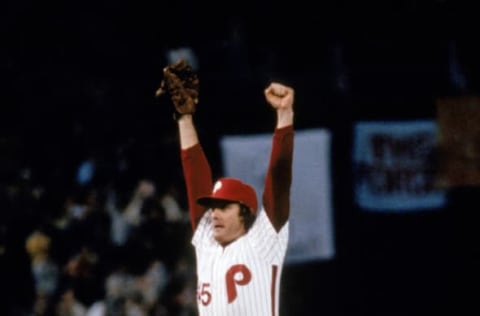 PHILADELPHIA – OCTOBER 21: Relief pitcher Tug McGraw #45 of the Philadelphia Phillies celebrates after the final out in game six winning the 1980 World Series against the Kansas City Royals at Veterans Stadium on October 21, 1980 in Philadelphia, Pennsylvania. The Philles won 4-1 and took the series four games to two. (Photo by Rich Pilling/MLB Photos via Getty Images)