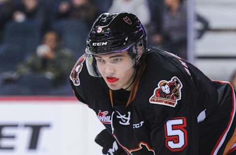 CALGARY, AB – OCTOBER 14: Jackson Van De Leest #5 of the Regina Pats in action against the Calgary Hitmen during a WHL game at the Scotiabank Saddledome on October 14, 2018 in Calgary, Alberta, Canada. (Photo by Derek Leung/Getty Images)