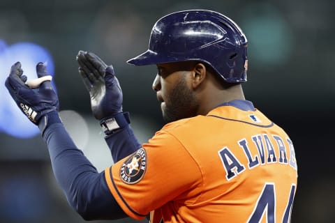 SEATTLE, WASHINGTON – MAY 29: Yordan Alvarez #44 of the Houston Astros reacts after his single that scored Aledmys Diaz in the eighth inning against the Seattle Mariners at T-Mobile Park on May 29, 2022 in Seattle, Washington. (Photo by Steph Chambers/Getty Images)