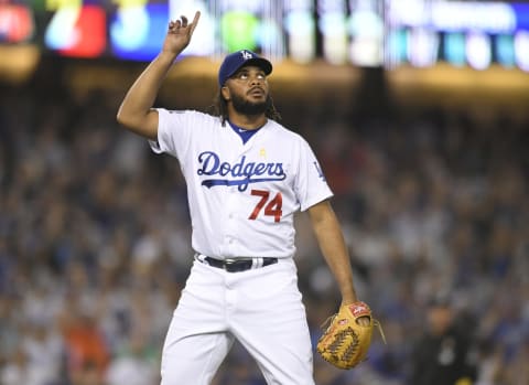 LOS ANGELES, CA – SEPTEMBER 01: Kenley Jansen #74 of the Los Angeles Dodgers points to the sky after getting the save in a 3-2 win over the Arizona Diamondbacks at Dodger Stadium on September 1, 2018 in Los Angeles, California. (Photo by John McCoy/Getty Images)