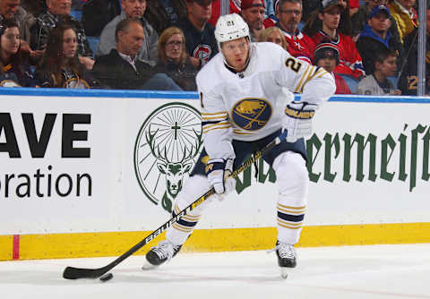 BUFFALO, NY – JANUARY 30: Kyle Okposo #21 of the Buffalo Sabres skates during an NHL game against the Montreal Canadiens on January 30, 2020 at KeyBank Center in Buffalo, New York. (Photo by Rob Marczynski/NHLI via Getty Images)