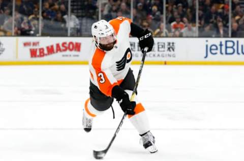 BOSTON, MA – JANUARY 31: Philadelphia Flyers defenseman Radko Gudas (3) shoots from the point during a game between the Boston Bruins and the Philadelphia Flyers on January 31, 2019, at TD Garden in Boston, Massachusetts. (Photo by Fred Kfoury III/Icon Sportswire via Getty Images)