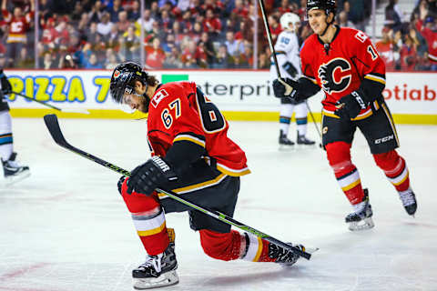 Jan 11, 2017; Calgary, Alberta, CAN; Calgary Flames right wing Michael Frolik (67) celebrates his goal against the San Jose Sharks during the first period at Scotiabank Saddledome. Mandatory Credit: Sergei Belski-USA TODAY Sports