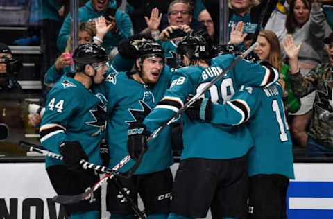 SAN JOSE, CA – MAY 11: Timo Meier #28, Brent Burns #88 and Gustav Nyquist #14 of the San Jose Sharks celebrates scoring a goal against the St. Louis Blues in Game One of the Western Conference Final during the 2019 NHL Stanley Cup Playoffs at SAP Center on May 11, 2019 in San Jose, California (Photo by Brandon Magnus/NHLI via Getty Images)