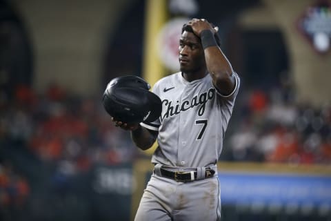 Oct 8, 2021; Houston, Texas, USA; Chicago White Sox shortstop Tim Anderson (7) reacts to striking out against the Houston Astros during the game in game two of the 2021 ALDS at Minute Maid Park. Mandatory Credit: Troy Taormina-USA TODAY Sports