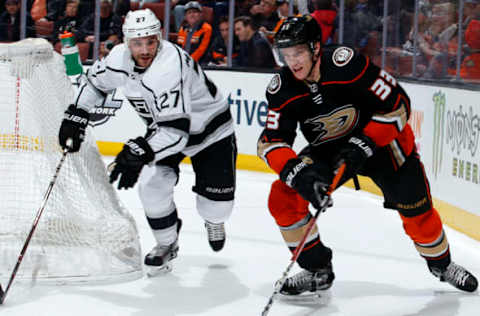 ANAHEIM, CA – JANUARY 19: Jakob Silfverberg #33 of the Anaheim Ducks battles for the puck against Alec Martinez #27 of the Los Angeles Kings during the game on January 19, 2018. (Photo by Debora Robinson/NHLI via Getty Images)