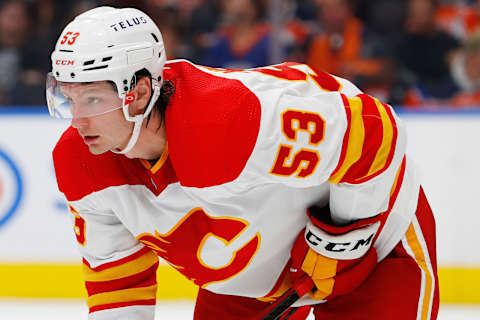 Sep 30, 2022; Edmonton, Alberta, CAN; Calgary Flames defensemen Nic Meloche (53) skates against the Edmonton Oilers at Rogers Place. Mandatory Credit: Perry Nelson-USA TODAY Sports