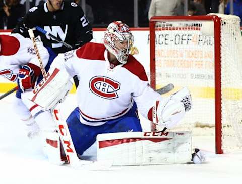 Nov 20, 2015; Brooklyn, NY, USA; Montreal Canadiens goaltender Carey Price (31) defends his net against the New York Islanders at Barclays Center. Mandatory Credit: Andy Marlin-USA TODAY Sports