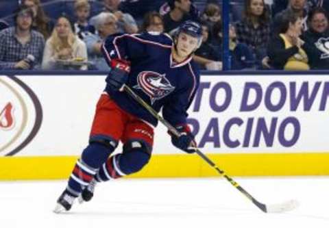 Sep 21, 2015; Columbus, OH, USA; Columbus Blue Jackets left wing Kerby Rychel (21) against the Pittsburgh Penguins at Nationwide Arena. The Penguins won 1-0 in a shootout. Mandatory Credit: Aaron Doster-USA TODAY Sports