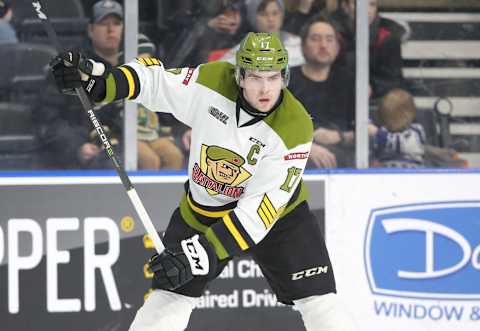 LONDON, ON – FEBRUARY 24: Justin Brazeau #17 of the North Bay Battalion prepares to shoot as he scores a power play goal in the first period during OHL game action against the London Knights at Budweiser Gardens on February 24, 2019 in London, Canada. (Photo by Tom Szczerbowski/Getty Images)