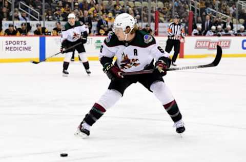 PITTSBURGH, PENNSYLVANIA – JANUARY 25: Jakob Chychrun #6 of the Arizona Coyotes prepares to shoot the puck during the first period against the Pittsburgh Penguins at PPG PAINTS Arena on January 25, 2022, in Pittsburgh, Pennsylvania. (Photo by Emilee Chinn/Getty Images)