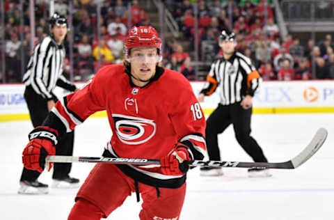 RALEIGH, NORTH CAROLINA – FEBRUARY 25: Ryan Dzingel #18 of the Carolina Hurricanes in action against the Dallas Stars during a game at PNC Arena on February 25, 2020 in Raleigh, North Carolina. (Photo by Grant Halverson/Getty Images)