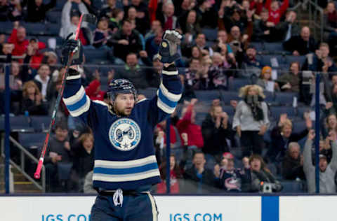 COLUMBUS, OH – DECEMBER 04: Columbus Blue Jackets right wing Josh Anderson (77) celebrates after scoring a goal in a game between the Columbus Blue Jackets and the Calgary Flames on December 04, 2018 at Nationwide Arena in Columbus, OH. (Photo by Adam Lacy/Icon Sportswire via Getty Images)