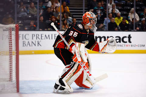 ANAHEIM, CALIFORNIA – MARCH 29: John Gibson #36 of the Anaheim Ducks in the second period at Honda Center on March 29, 2022 in Anaheim, California. (Photo by Ronald Martinez/Getty Images)