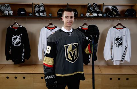 DALLAS, TX – JUNE 23: Xavier Bouchard poses for a portrait after being selected 185th overall by the Vegas Golden Knights during the 2018 NHL Draft at American Airlines Center on June 23, 2018 in Dallas, Texas. (Photo by Jeff Vinnick/NHLI via Getty Images)