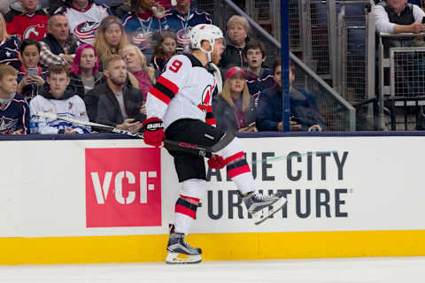 COLUMBUS, OH – DECEMBER 20: New Jersey Devils left wing Taylor Hall (9) celebrates after scoring a goal in a game between the Columbus Blue Jackets and the New Jersey Devils on December 20, 2018 at Nationwide Arena in Columbus, OH. (Photo by Adam Lacy/Icon Sportswire via Getty Images)