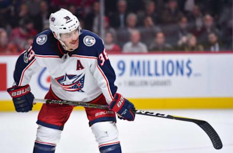 MONTREAL, QC – NOVEMBER 14: Columbus Blue Jackets left Wing Boone Jenner (38) waits at faceoff during the Columbus Blue Jackets versus the Montreal Canadiens game on November 14, 2017, at Bell Centre in Montreal, QC (Photo by David Kirouac/Icon Sportswire via Getty Images)