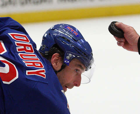 NEW YORK, NY – APRIL 09: Chris Drury #23 of the New York Rangers takes the faceoff against the New Jersey Devils at Madison Square Garden on April 9, 2011 in New York City. The Rangers defeated the Devils 5-2. (Photo by Jonathan Klein/Getty Images)