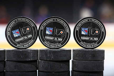 PHILADELPHIA, PA – FEBRUARY 28: A general view of the official warm-up pucks prior to the game between the New York Rangers and Philadelphia Flyers at the Wells Fargo Center on February 28, 2020 in Philadelphia, Pennsylvania. (Photo by Mitchell Leff/Getty Images)