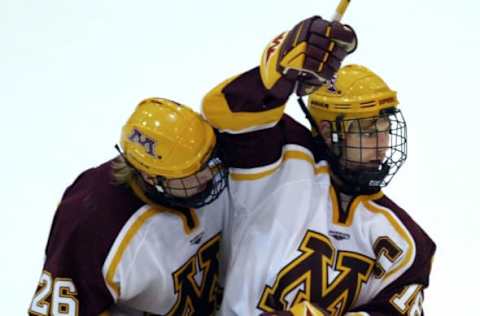 Minneapolis, MN., Friday, 10/24/2003. The University of Minnesota vs. UMD. Season opener. (left to right) Minnesota’s Thomas Vanek celebrated with Grant Potulny after Potulny scored the Gophers’ first goal. First-period action. (Photo By BRUCE BISPING/Star Tribune via Getty Images)