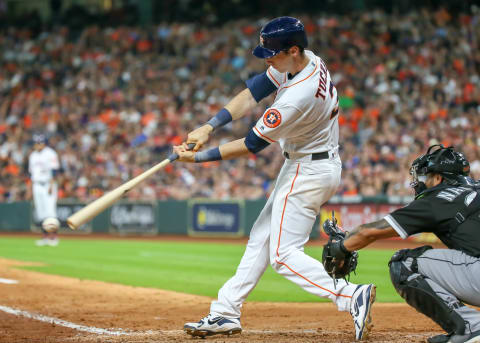 HOUSTON, TX – JULY 07: Houston Astros left fielder Kyle Tucker (3) connects in the bottom of the seventh inning during the baseball game between the Chicago White Sox and Houston Astros on July 7, 2018 at Minute Maid Park in Houston, Texas. (Photo by Leslie Plaza Johnson/Icon Sportswire via Getty Images)