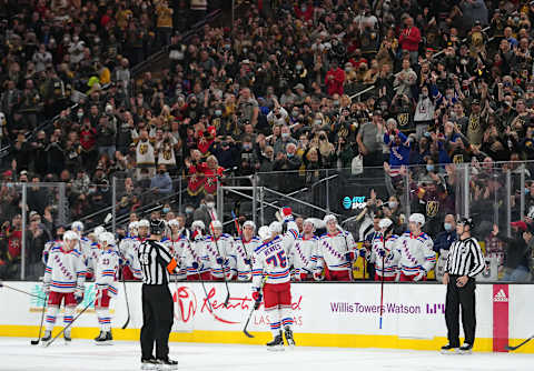 Jan 6, 2022; Las Vegas, Nevada, USA; New York Rangers right wing Ryan Reaves (75) salutes the crowd as he is given an ovation for his return to T-Mobile Arena to face the Vegas Golden Knights. Mandatory Credit: Stephen R. Sylvanie-USA TODAY Sports