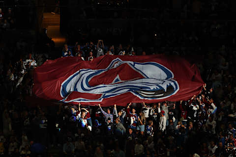 Jun 24, 2022; Denver, Colorado, USA; Colorado Avalanche fans raise a logo banner before game five of the 2022 Stanley Cup Final against the Tampa Bay Lightning at Ball Arena. Mandatory Credit: Mark J. Rebilas-USA TODAY Sports