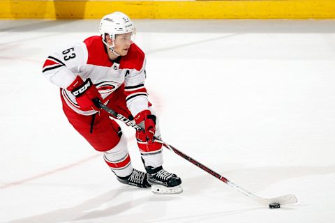 SUNRISE, FL – APRIL 2: Jeff Skinner #53 of the Carolina Hurricanes skates with the puck against the Florida Panthers at the BB&T Center on April 2, 2018 in Sunrise, Florida. (Photo by Eliot J. Schechter/NHLI via Getty Images) *** Local Caption *** Jeff Skinner