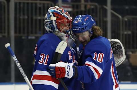 Igor Shesterkin #31 of the New York Rangers celebrates his 5-3 victory