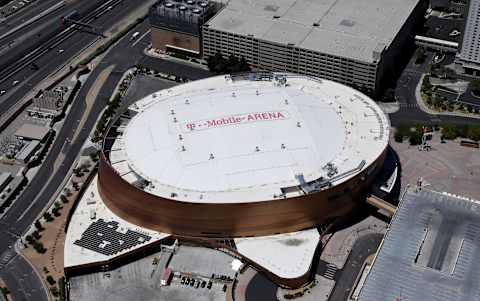 An aerial view shows T-Mobile Arena, home of the NHL’s Vegas Golden Knights. (Photo by Ethan Miller/Getty Images)