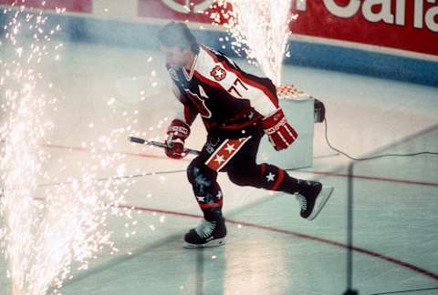 Paul Coffey #77 of the Detroit Red Wings. (Photo by Focus on Sport/Getty Images)