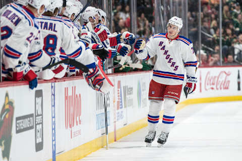 Mar 18, 2017; Saint Paul, MN, USA; New York Rangers defenseman Brady Skjei (76) celebrates his goal against the Minnesota Wild at Xcel Energy Center. The Rangers defeated the Wild 3-2. Mandatory Credit: Brace Hemmelgarn-USA TODAY Sports.