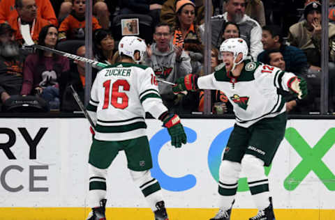 ANAHEIM, CALIFORNIA – NOVEMBER 05: Eric Staal #12 of the Minnesota Wild celebrates his goal with Jason Zucker #16, to take a 3-2 lead over the Anaheim Ducks, during the third period in a 4-2 Wild win at Honda Center on November 05, 2019 in Anaheim, California. (Photo by Harry How/Getty Images)