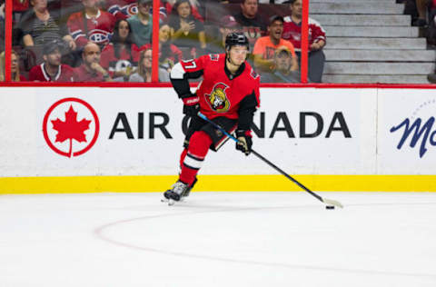 OTTAWA, ON – SEPTEMBER 21: Ottawa Senators center Josh Norris (37) skates with the puck during first period National Hockey League preseason action between the Montreal Canadiens and Ottawa Senators on September 21, 2019, at Canadian Tire Centre in Ottawa, ON, Canada. (Photo by Richard A. Whittaker/Icon Sportswire via Getty Images)