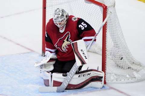 Feb 12, 2016; Glendale, AZ, USA; Arizona Coyotes goalie Louis Domingue (35) makes a save in the second period against the Calgary Flames at Gila River Arena. Mandatory Credit: Matt Kartozian-USA TODAY Sports