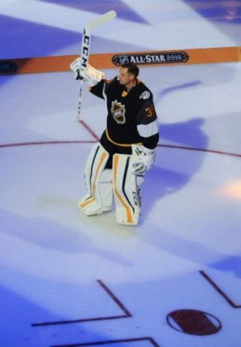 Jan 31, 2016; Nashville, TN, USA; Central Division goaltender Pekka Rinne (35) of the Nashville Predators is introduced prior to the 2016 NHL All Star Game at Bridgestone Arena. Mandatory Credit: Christopher Hanewinckel-USA TODAY Sports